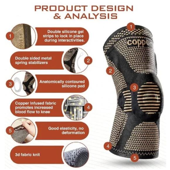 SYMLYST Copper Knee Brace Compression Sleeve with Side Spring Stabilizer - Picture 2 of 3